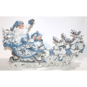 Lincolnshire Santa Sleigh Reindeer Blue White Christmas Figurine Collection 17"